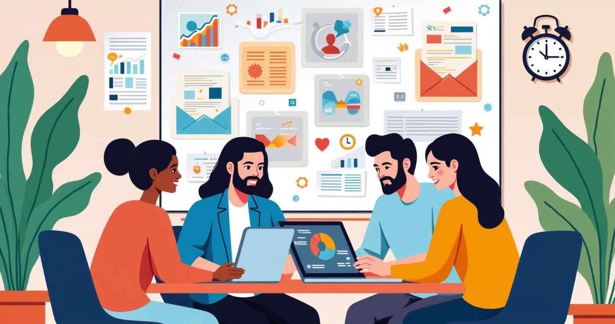 Ilustração de um escritório moderno, destacando a colaboração em uma plataforma no-code em um laptop