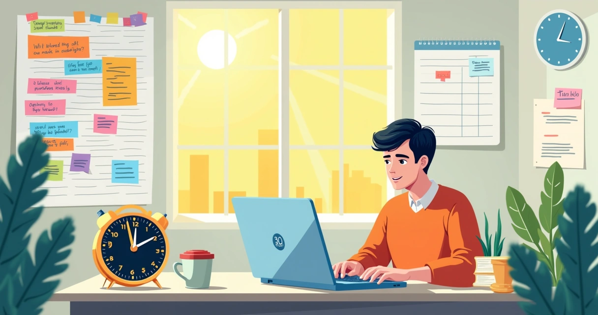 Espaço de escritório colorido com notas adesivas, temporizador digital, e uma pessoa focada em sua tarefa.