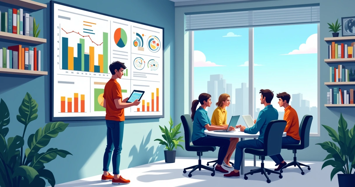 Escritório moderno com profissionais analisando dados em tempo real, gráficos coloridos e tecnologia de IA.