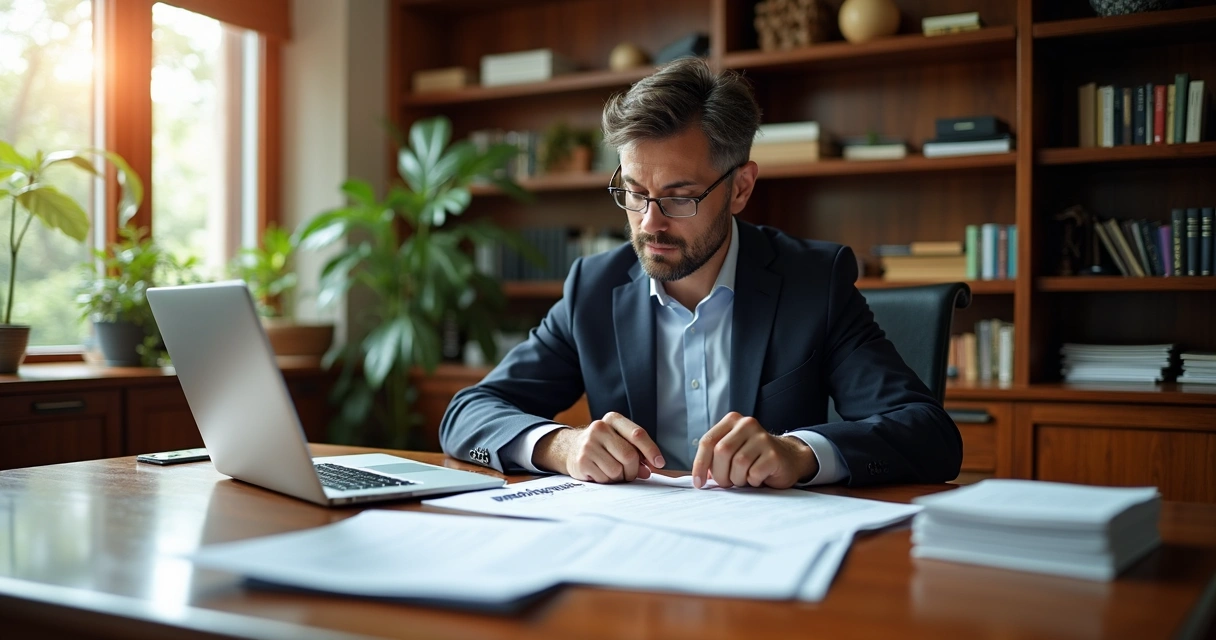 Contador analisando contrato social em escritório moderno 