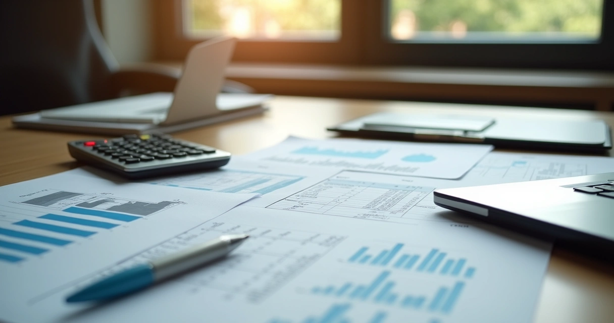 Mesa de escritório com papéis e notebook