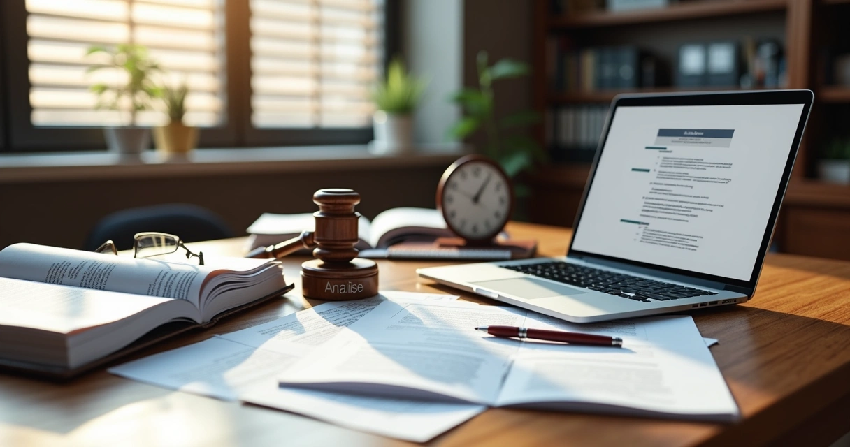 Mesa de escritório com pilhas de papéis, laptop e carimbo indicando análise de processo administrativo. 