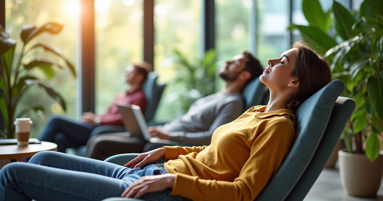Ambiente de escritório moderno com espaço de relaxamento e plantas 