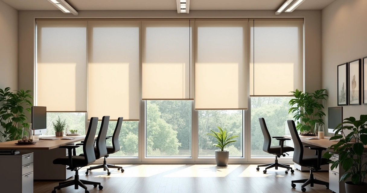 Escritório moderno com persianas horizontais e verticais instaladas em janelas amplas, ambiente claro e organizado 