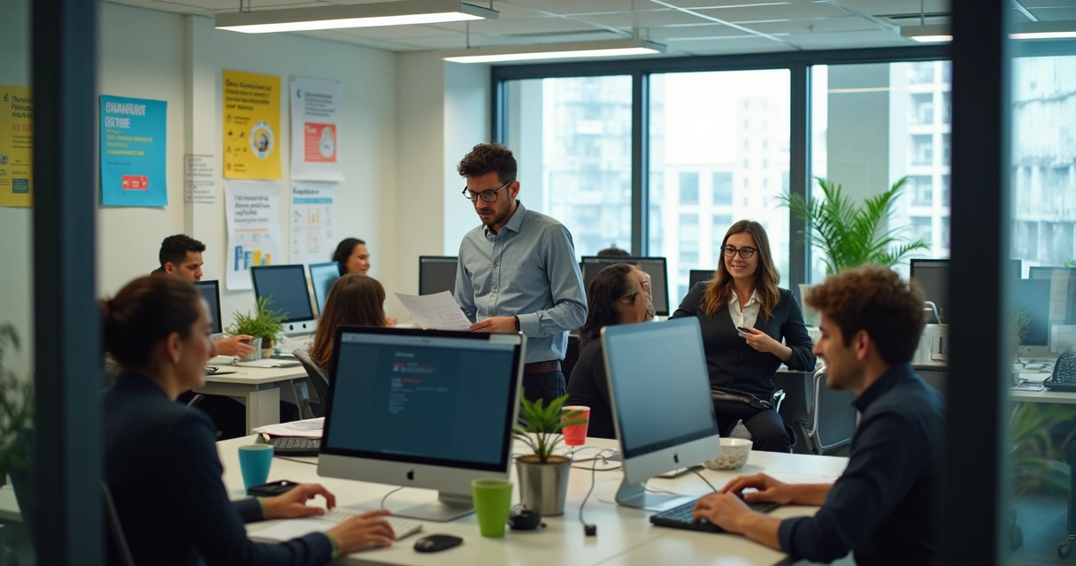 Equipe de escritório trabalhando com equipamentos de proteção individual e computadores