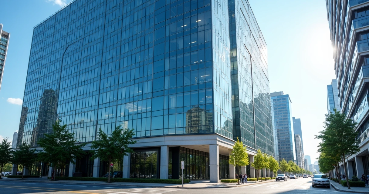 Prédio corporativo moderno com fachada de vidro refletindo o céu azul e entorno urbano 