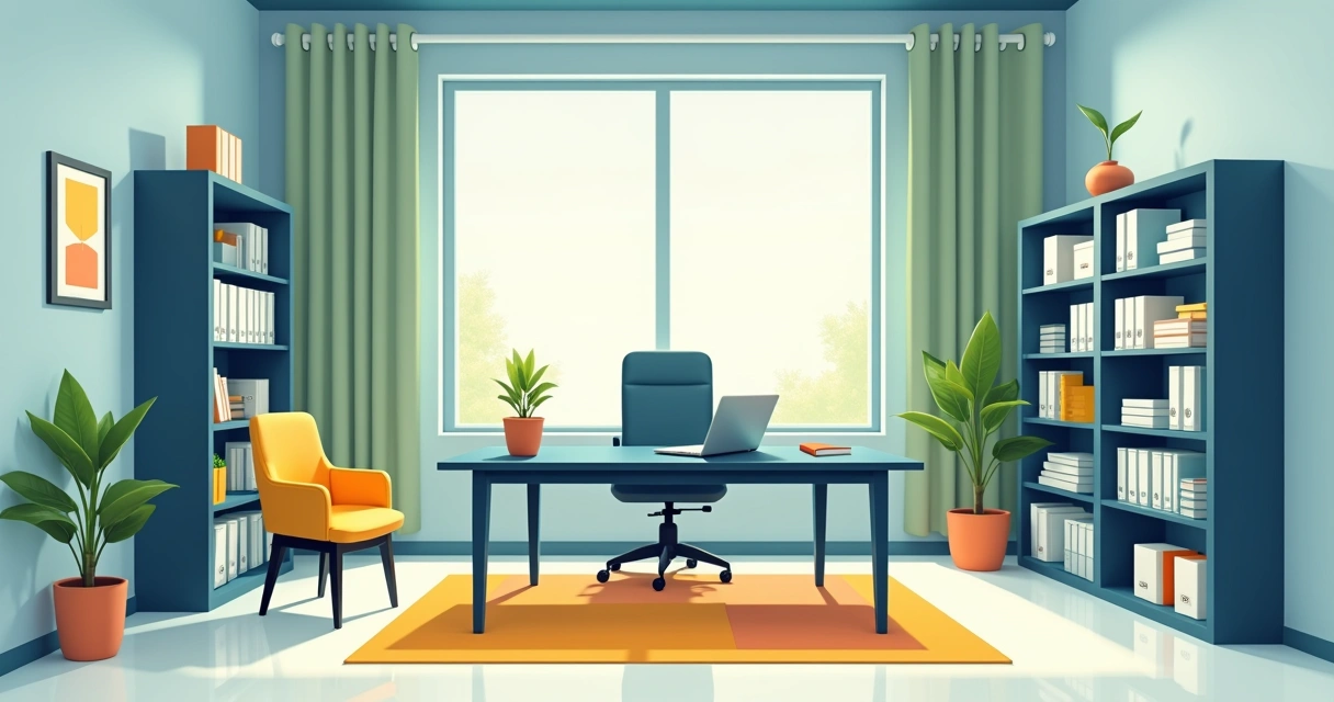 Escritório comercial pequeno e organizado, com mesa moderna, prateleiras verticais e cortinas que absorvem som.