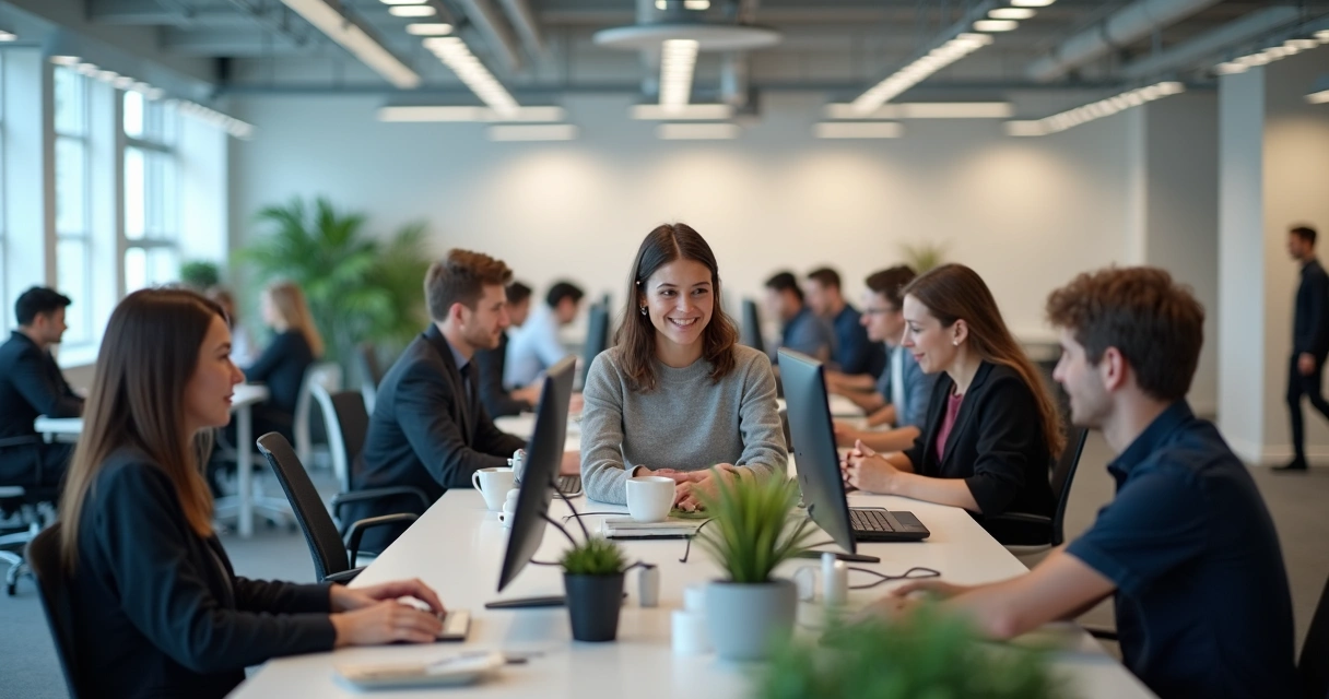 Pessoas sentadas em diferentes mesas de um escritório, com expressões concentradas e algumas sorrindo 
