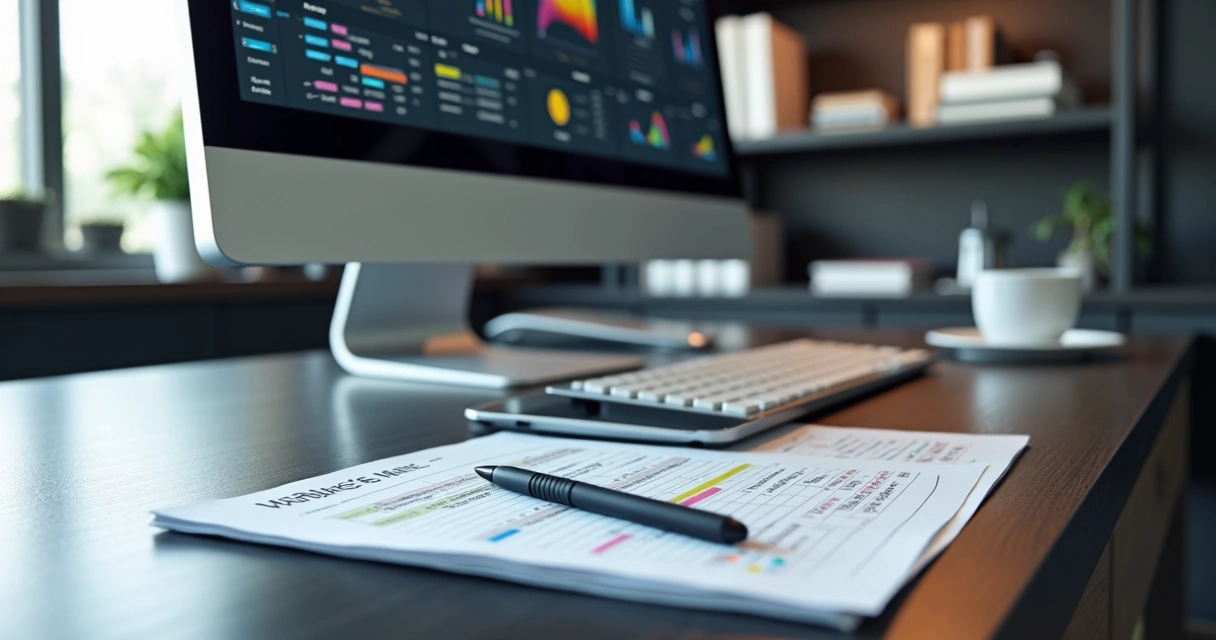 Mesa de trabalho com computador mostrando painel digital e planilha aberta ao lado 