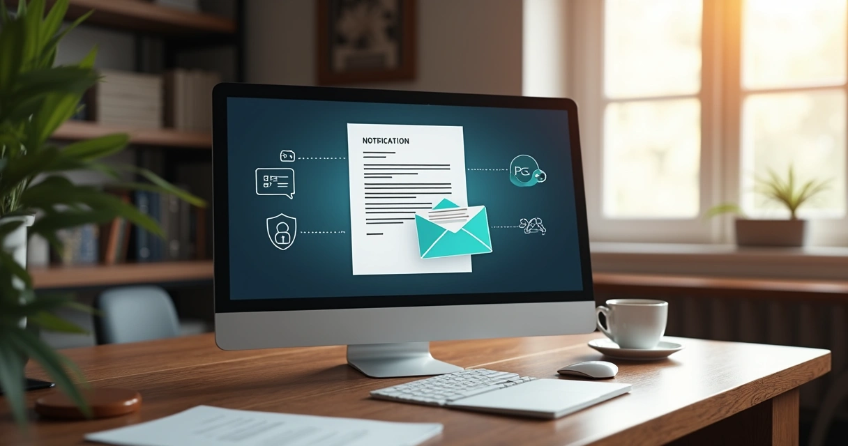 Mesa de escritório com computador ligado exibindo documento digital na tela 