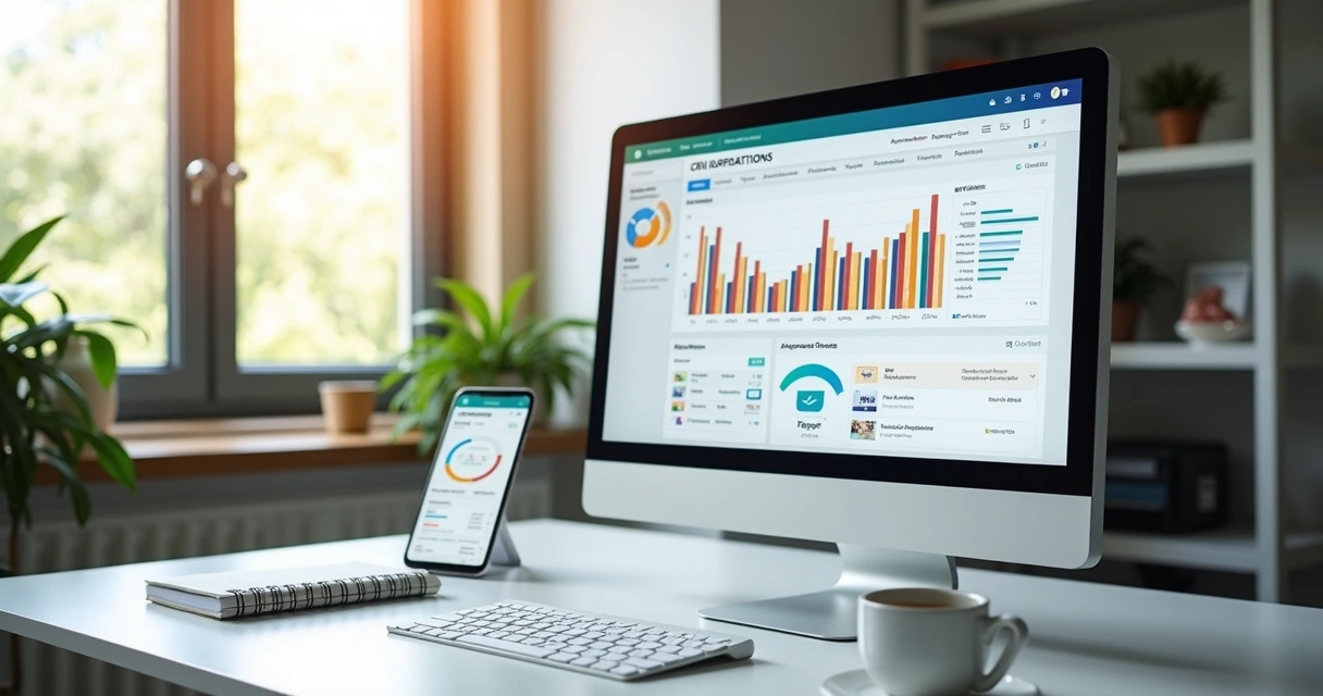 Computador em escritório moderno com tela exibindo dashboard de CRM com gráficos e integração de sistemas 