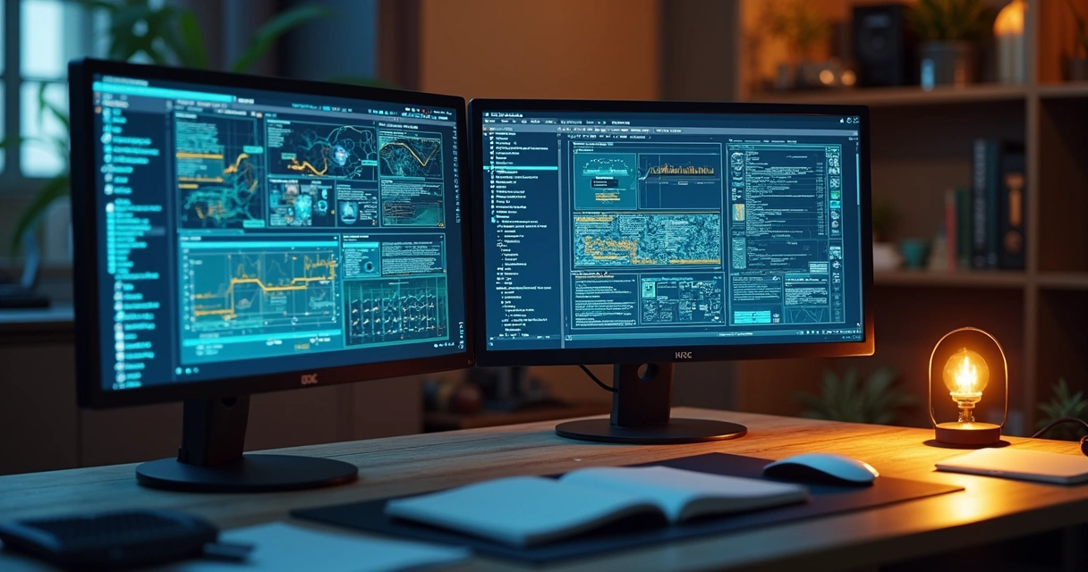 Mesa de escritório com dois computadores mostrando diferentes sistemas jurídicos integrados e pontuais 