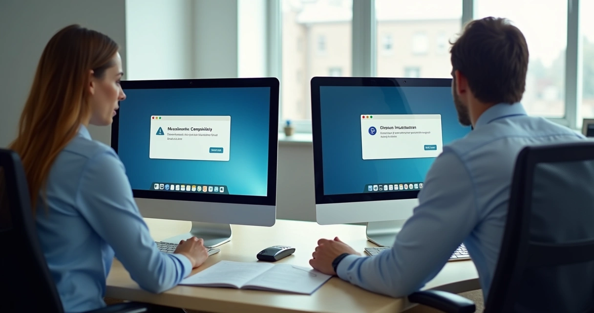 Duas estações de trabalho com computadores abertos e softwares diferentes sendo instalados 
