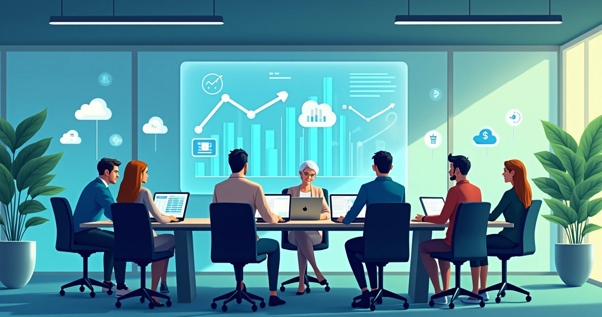 Ambiente de escritório moderno destacando o conceito de contabilidade como serviço (CaaS) com profissionais analisando dados financeiros.