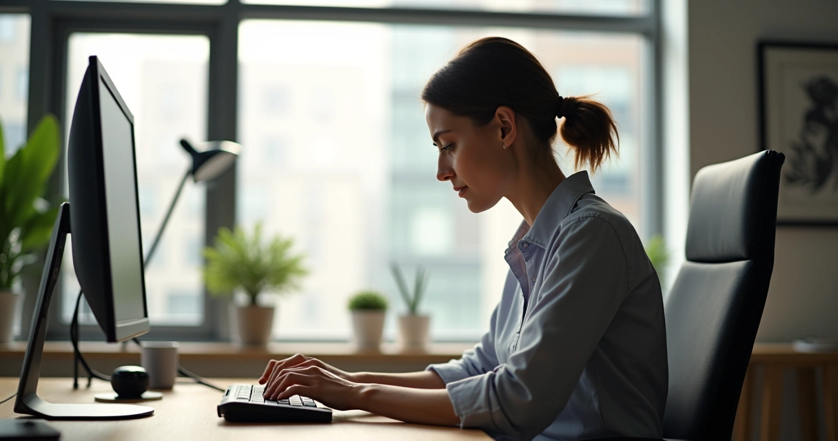 Pessoa em ambiente de trabalho focada com expressão serena 