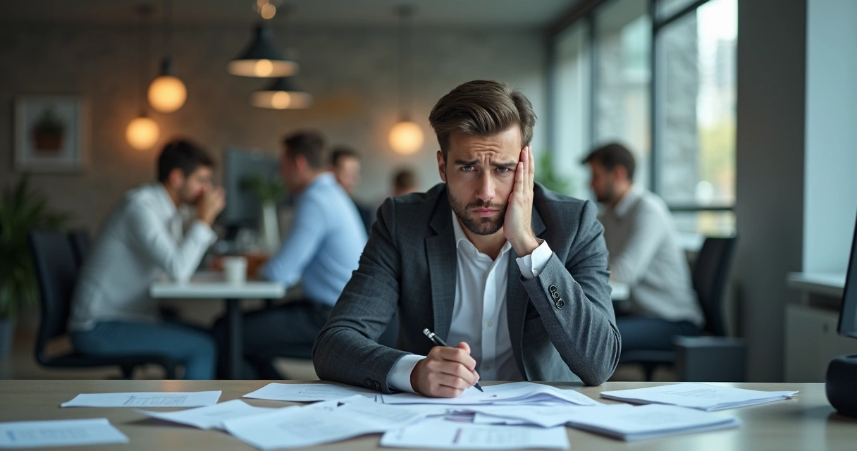 Profissional sentado à mesa em escritório moderno com expressão frustrada, papéis espalhados e computador ao lado 