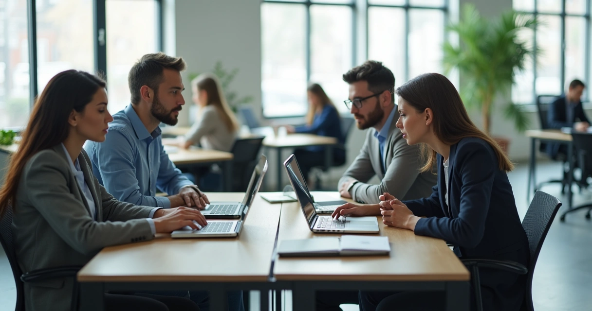 Equipe em open space com duas pessoas isoladas em tensão silenciosa 