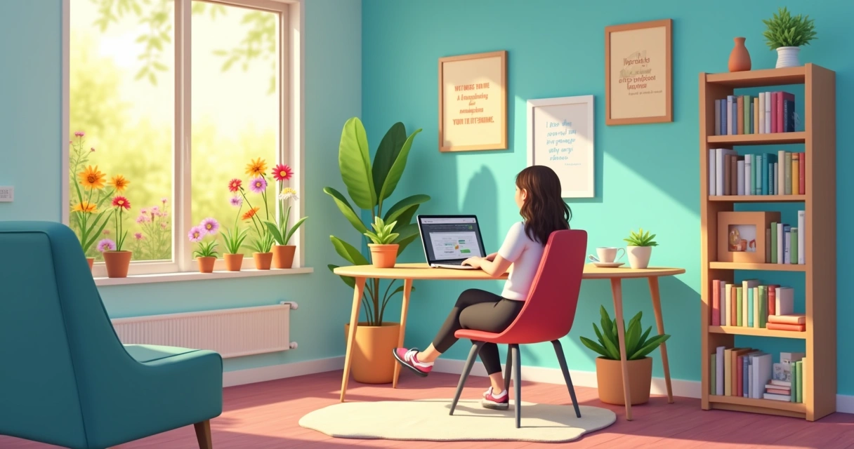 Escritório em casa aconchegante com laptop, planta, e luz natural, promovendo saúde mental e autocuidado.