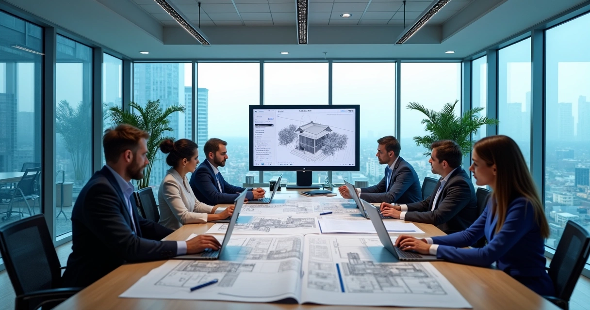 Escritório de construtora moderno com várias pessoas em reunião 