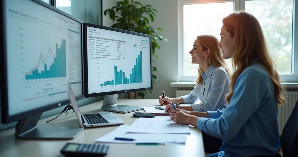 Profissionais de escritório contábil analisando apuração fiscal em telas de computador 