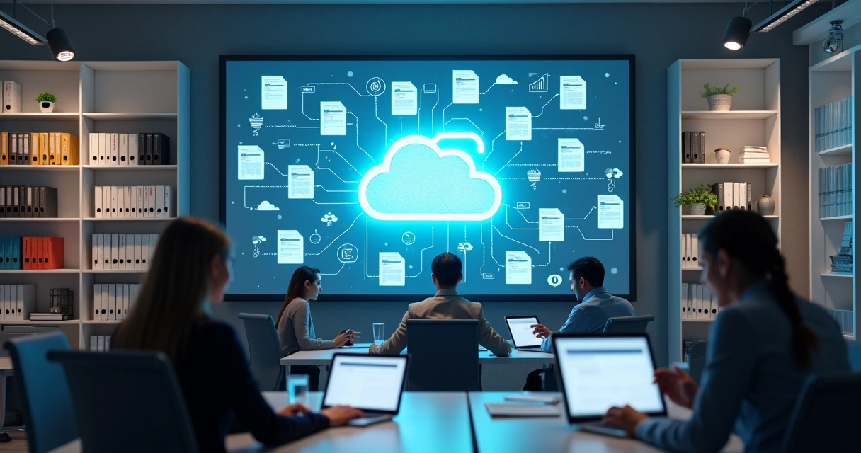 Arquivos digitais organizados em uma sala de escritório. 