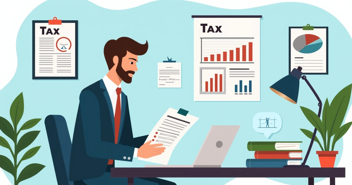 Ambiente de escritório com profissional analisando documentos fiscais ao lado de computador.