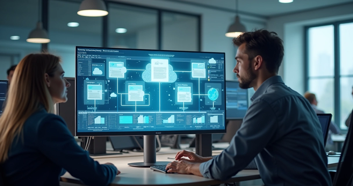 Monitor de computador exibindo automação de tarefas com documentos fiscais 