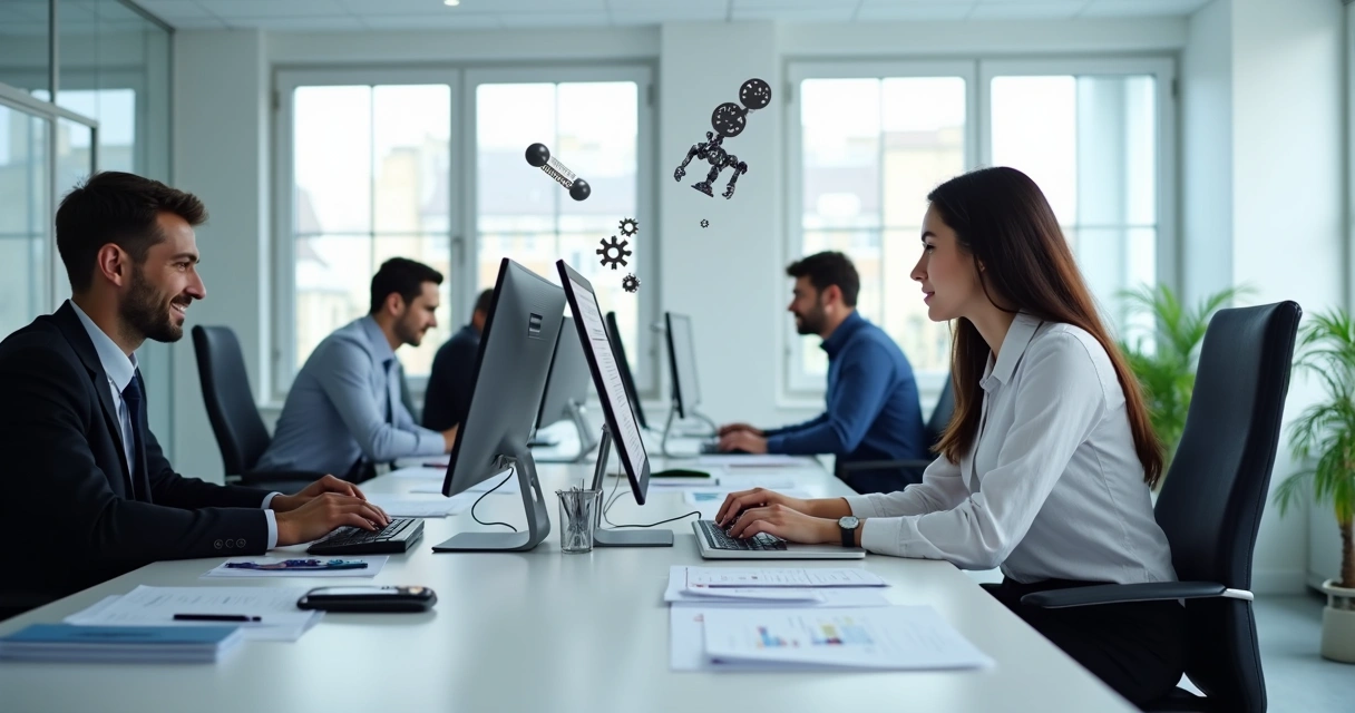 Profissionais de contabilidade em ambiente moderno com tecnologia de automação 
