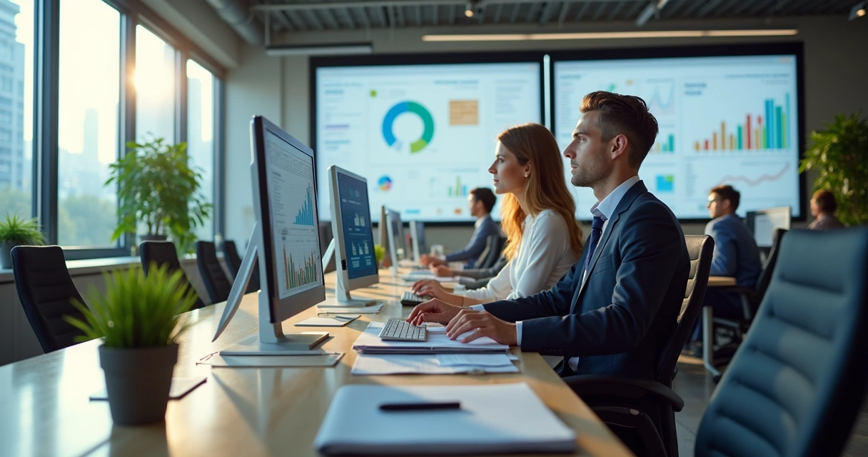 Ambiente de escritório contábil moderno com computadores, papéis organizados e gráficos em telas 