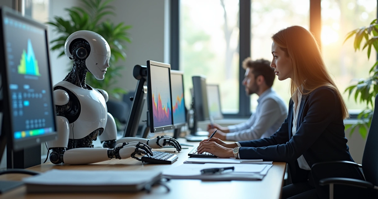 Equipe contábil e robôs trabalhando em escritório moderno integrado 