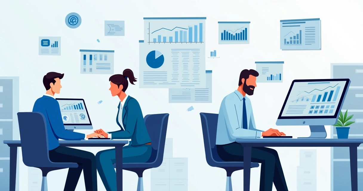 Equipe em escritório contábil com computadores e dashboards digitais 