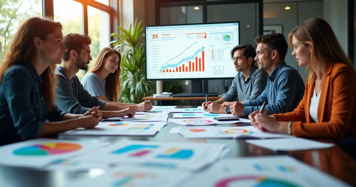 Equipe de escritório contábil reunida em volta de uma mesa, analisando gráficos financeiros da Black Friday 