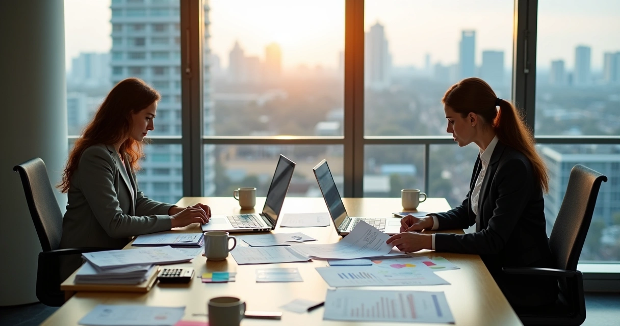 Duas pessoas analisando documentos financeiros em mesa de escritório moderno 