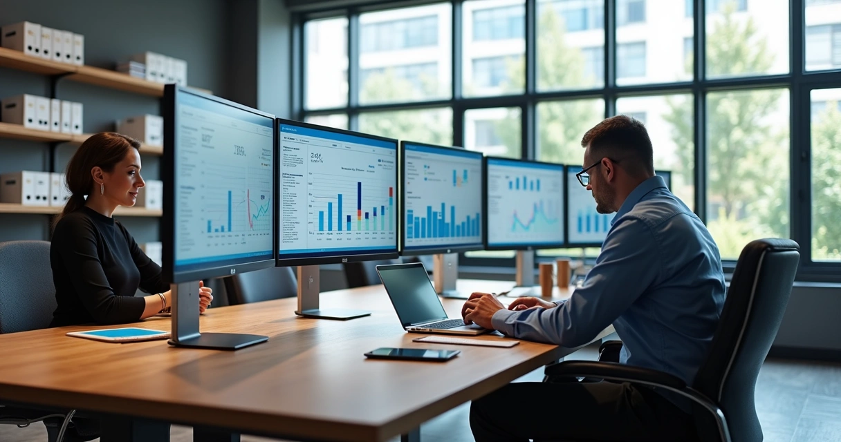 Escritório contábil moderno com profissionais revisando relatórios financeiros em múltiplos monitores 