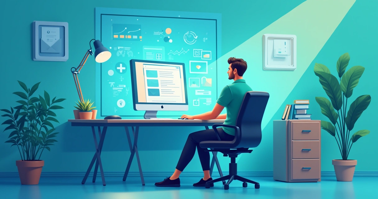  Escritório contábil moderno com contador, certificado digital e gráficos de desempenho. 