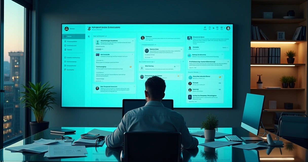 Contador em escritório analisando agenda digital com chatbot em tela gigante 