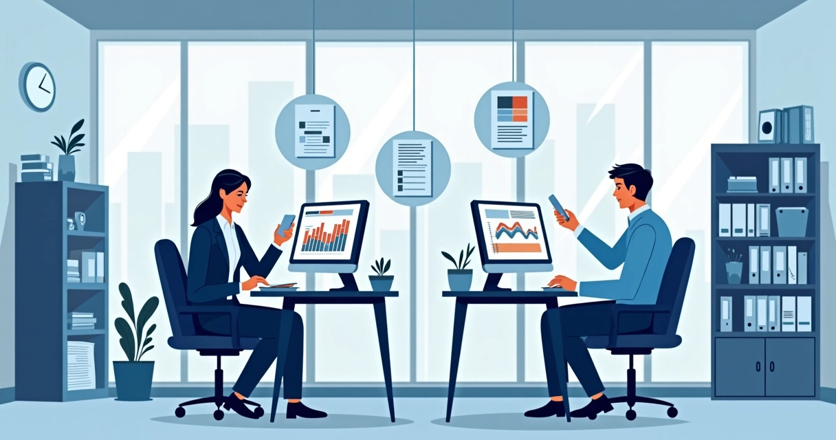 Escritório contábil moderno com contadores revisando documentos e notas fiscais, com telas mostrando gráficos fiscais 