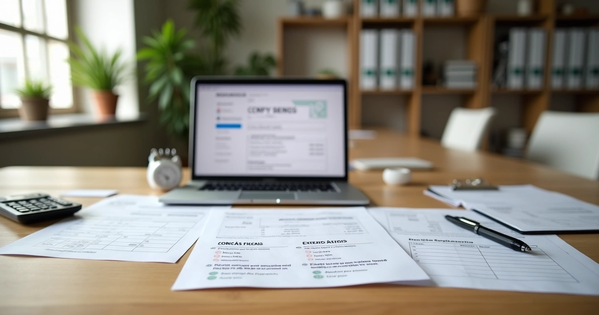 Mesa de escritório com documentos de CNPJ, laptop e extratos bancários impressos 