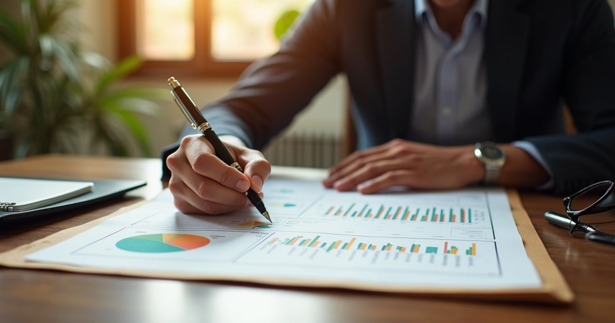 Escritório contábil com equipe pensativa diante de gráficos e planilhas que indicam estagnação financeira 