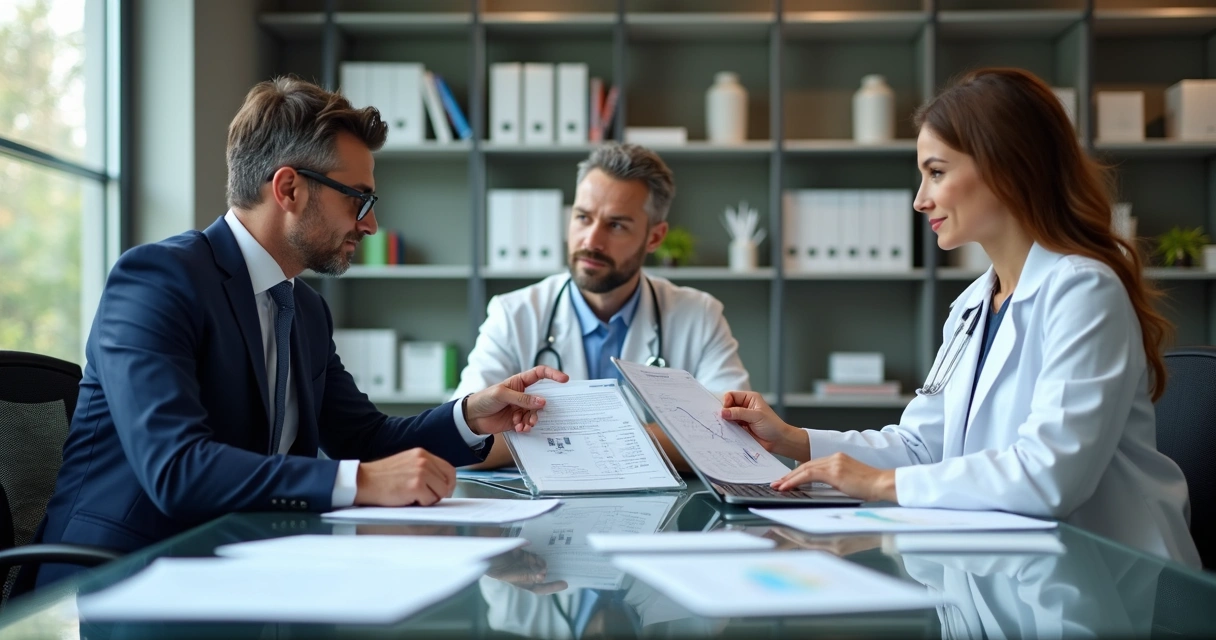 Contador e médico analisando documentos fiscais em escritório moderno