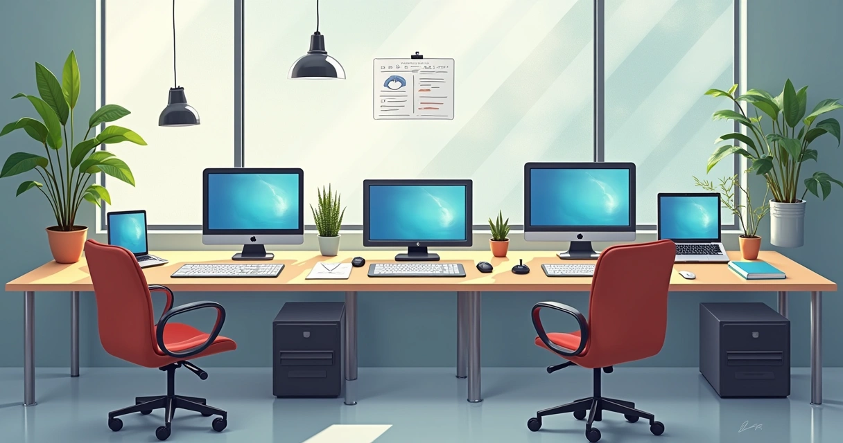 Mesa de escritório contábil com computadores, teclados e monitores 