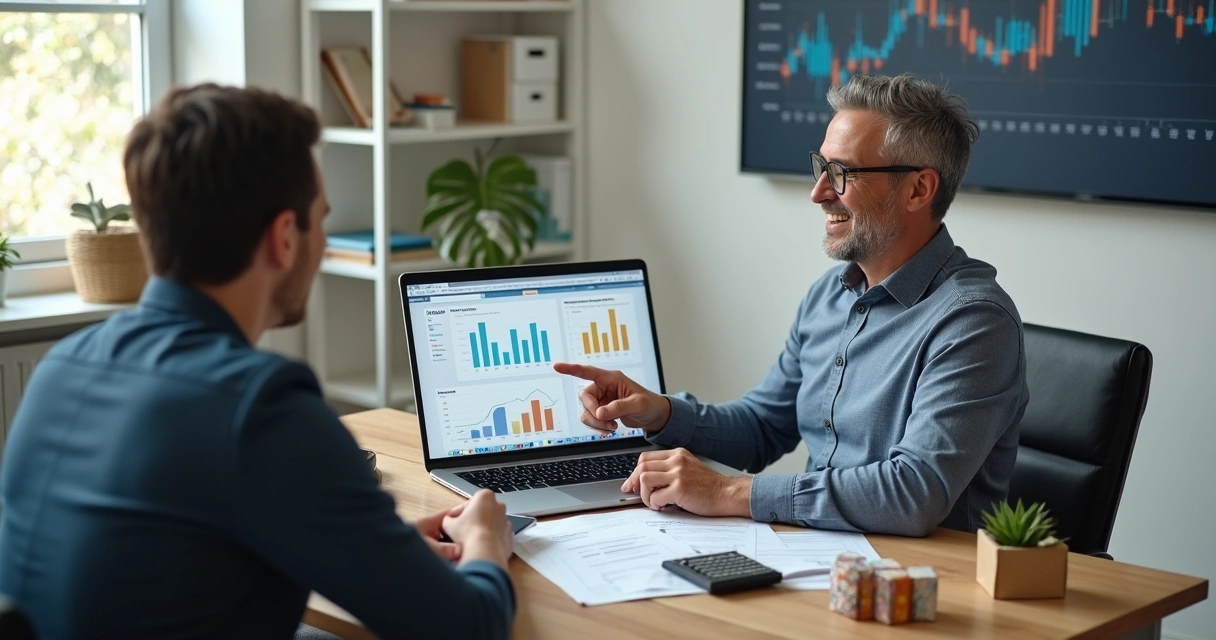 Contador orientando dona de pequeno negócio sobre indicadores financeiros em notebook 
