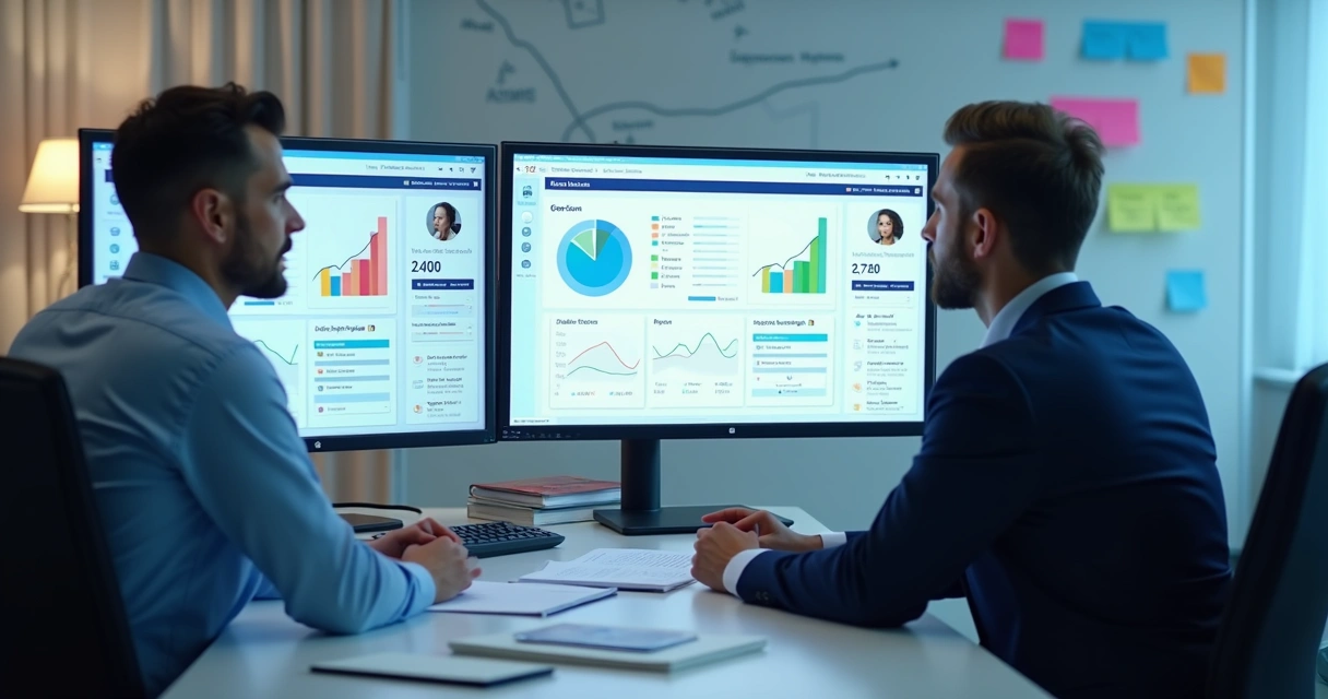 Profissionais de escritório de contabilidade analisando dados em telas com gráficos e contatos de clientes 