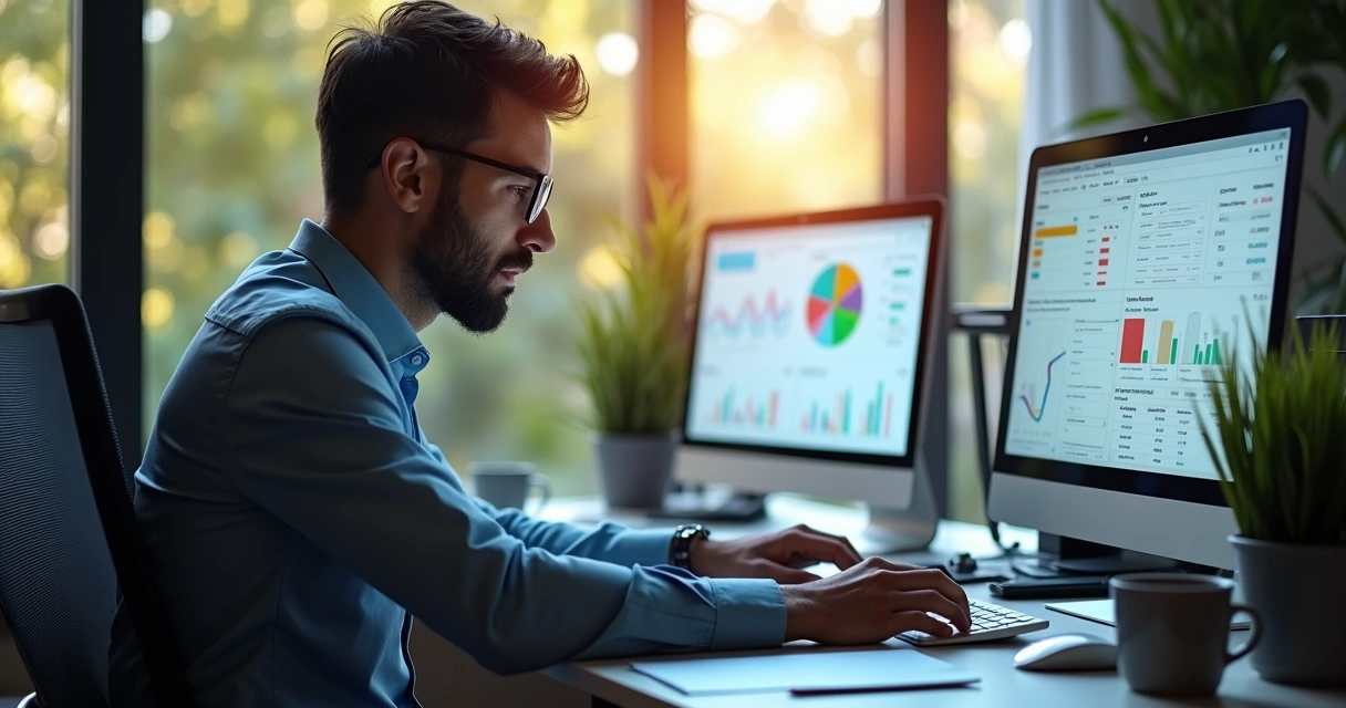 Contador usando dashboard de CRM em escritório 