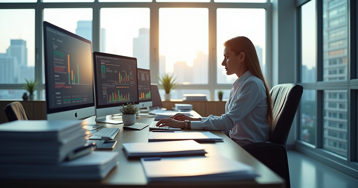 Contador em escritório usando sistema digital com gráficos fiscais 