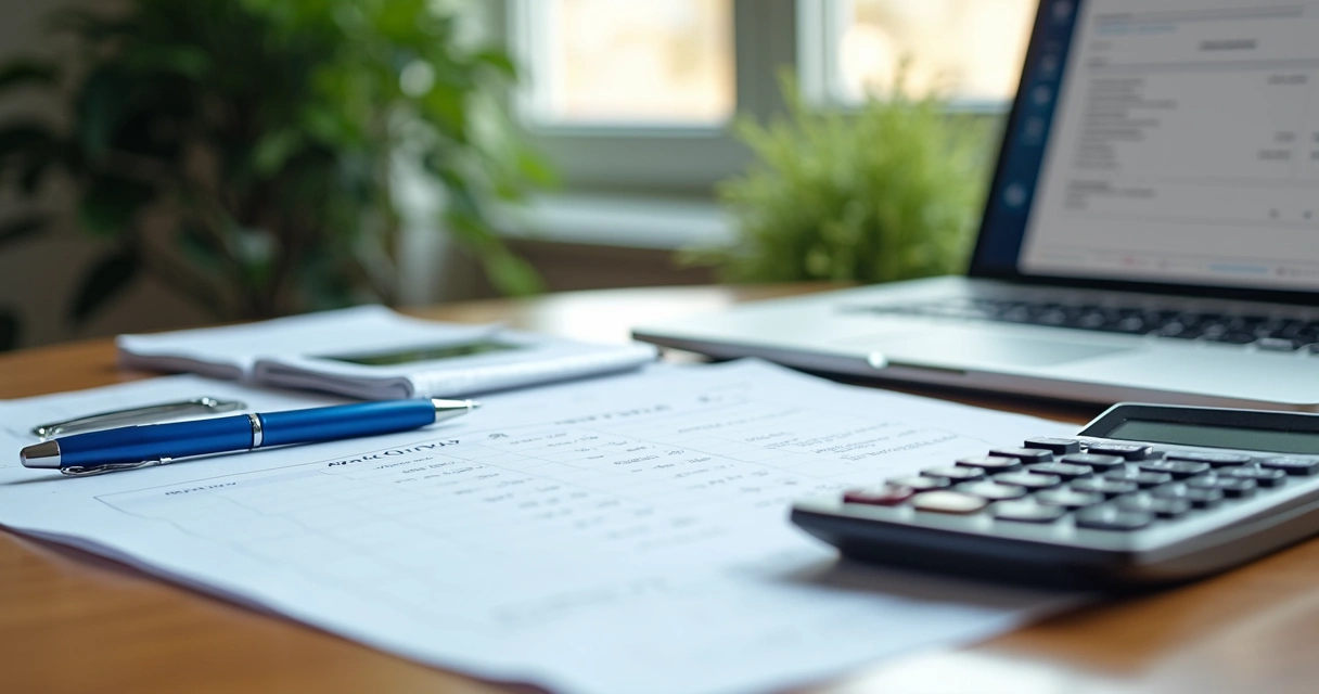 Mesa de escritório de contabilidade com documentos de nota fiscal, calculadora e computador 