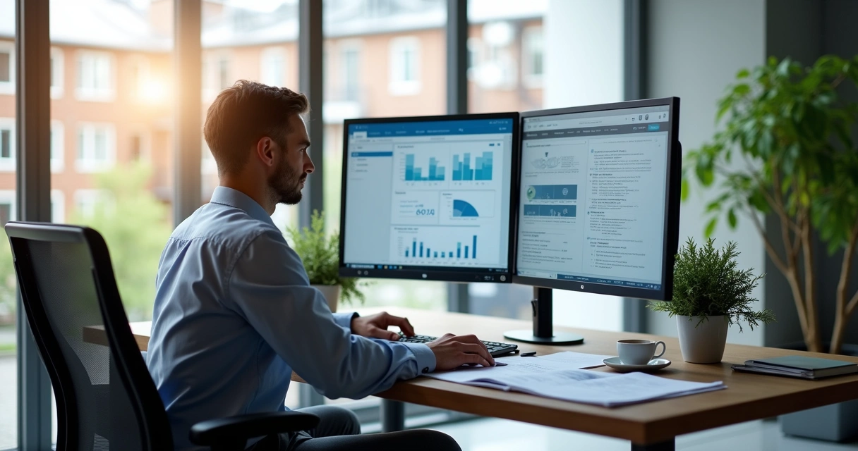 Contador trabalhando em escritório digital, analisando documentos fiscais eletrônicos