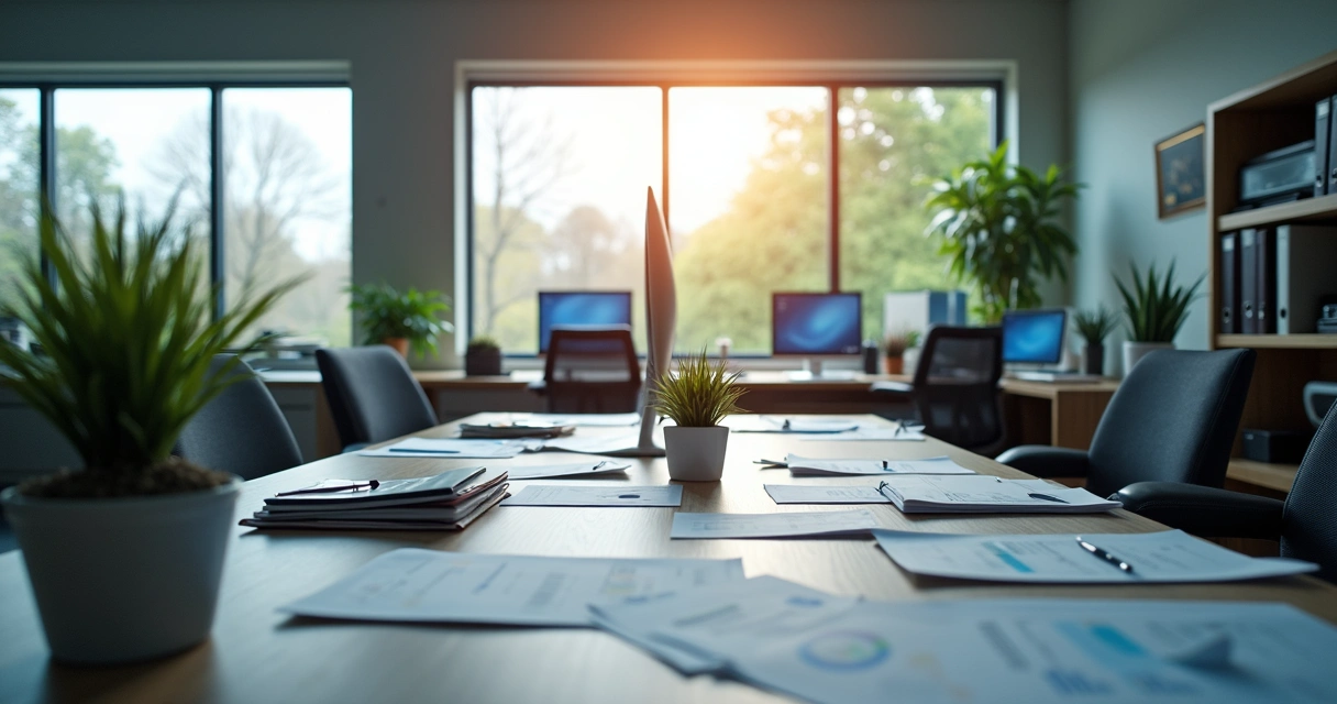 Ambiente de escritório contábil moderno com computadores, grampeador e papéis sobre a mesa 