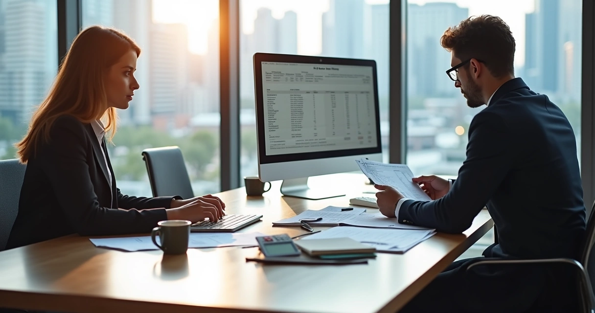 Ambiente de escritório moderno com computadores, contador analisando documentos fiscais digitais e tela exibindo nota fiscal eletrônica 