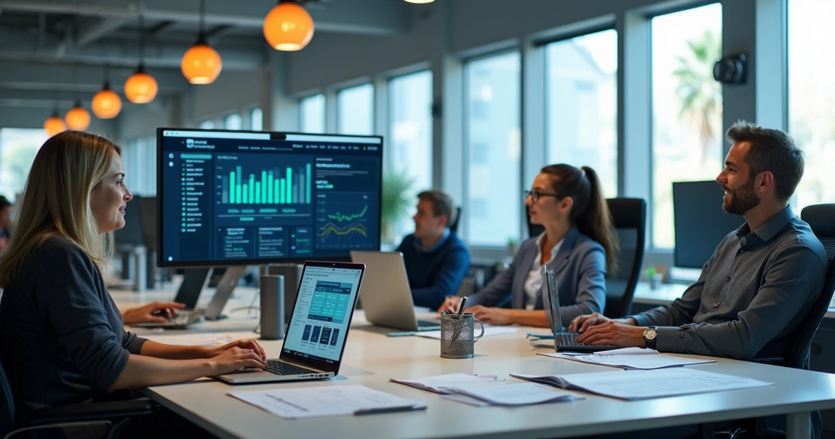 Sala de escritório contábil moderna com computadores, papéis organizados e um grande monitor mostrando um site de contabilidade 